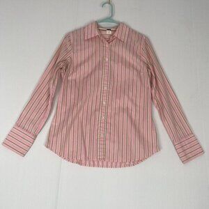 Womens J Crew Blouse Pink Green Stripe SIZE M  Slim Fit Long Sleep Cotton Casual